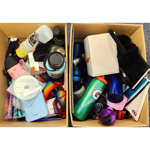 62 - TWO BOXES OF MISCELLANEOUS ITEMS
including water bottles, haggis, jewellery case, luggage straps, no... 