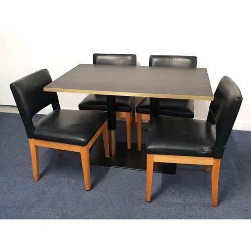 340 - BLACK ASH EFFECT TABLE AND FOUR CHAIRS
the table with a rectangular top and brass effect edge on tur... 