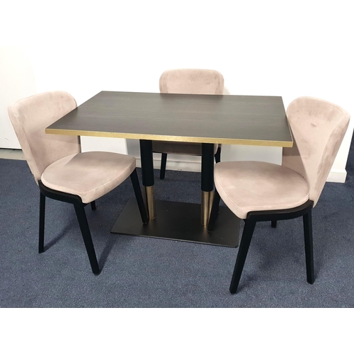 344 - BLACK ASH EFFECT TABLE AND THREE CHAIRS
the table with a rectangular top and brass effect edge on tu... 