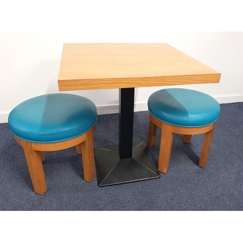 346 - ASH EFFECT TABLE AND TWO STOOLS
the table with a square top on a plain metal column with black metal... 