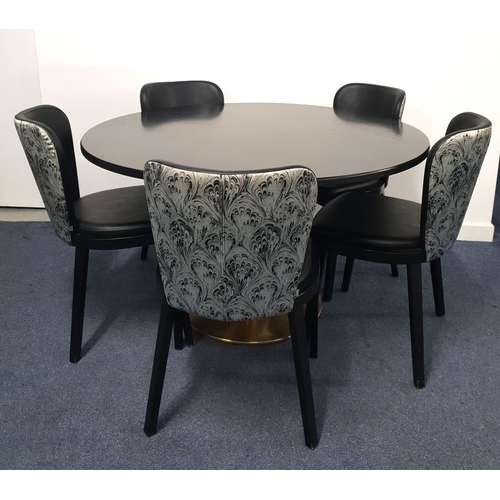 348 - BLACK ASH EFFECT DINING TABLE AND FIVE CHAIRS
the table with a circular top and brass effect column ... 