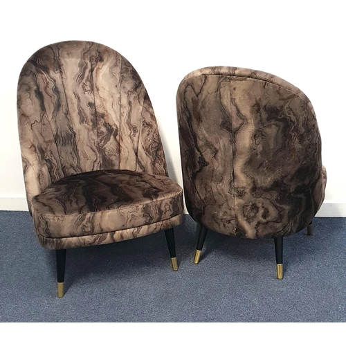 352 - PAIR OF SHAPED BACK PADDED CHAIRS
with deep cushion seats, covered in marble effect fabric, standing... 