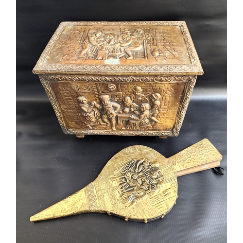 BRASS EMBOSSED COAL BIN
decorated with tavern scenes, 37.5cm x 45cm x 30cm, together with a pair of brass covered embossed bellows (2)