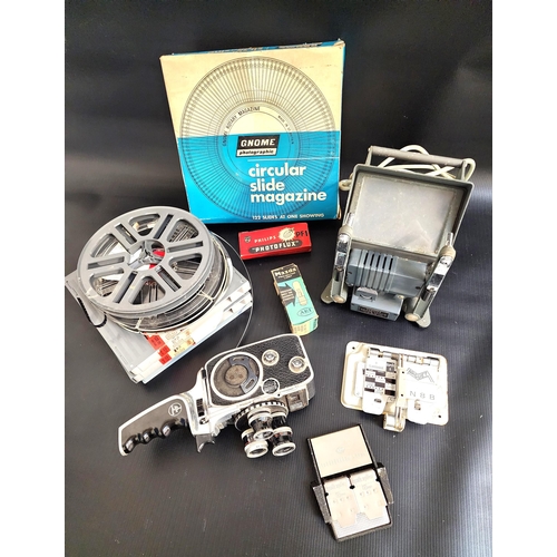 SELECTION OF PHOTOGRAPHIC EQUIPMENT
including a Super 8 cine camera, Gnome circular slide magazine, boxed, Yashiza 8mm editor MkII, HP 8mm quick splice, selection of reels and other items