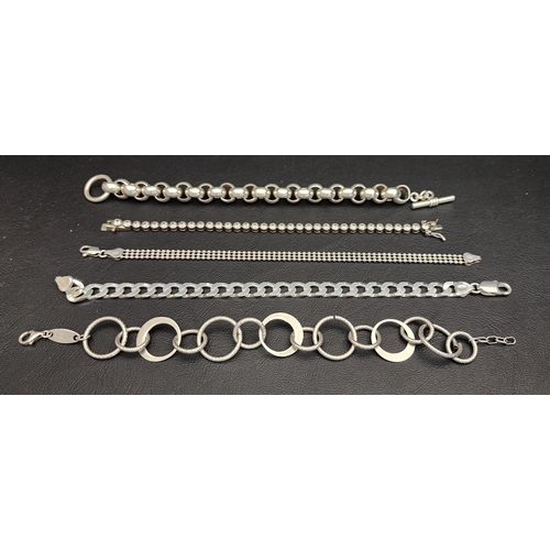 SELECTION OF FIVE SILVER BRACELETS
including a heavy belcher link example and another with graduated ring links (5)
