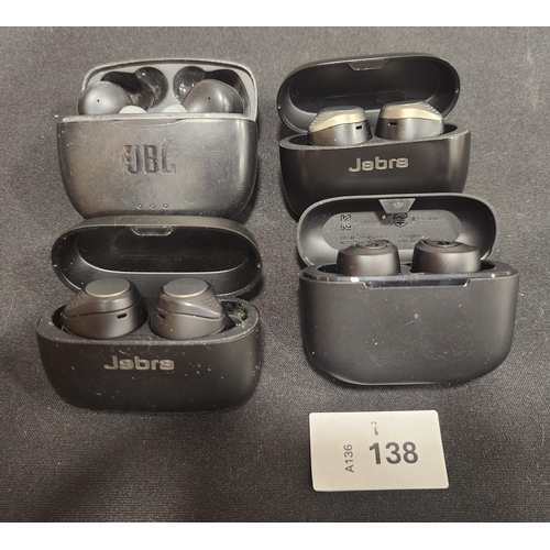 FOUR PAIRS OF EARBUDS IN CHARGING CASES
comprising Jabra, Jlab, JBL