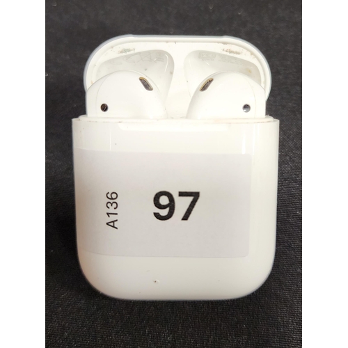 97 - PAIR OF APPLE AIRPODS 
in Lightning charging case
Note: Earbuds model numbers not visible