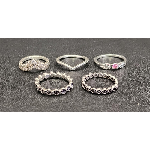 FIVE PANDORA SILVER RINGS
comprising Princess Wisbone, Band of Hearts, Polished Wishbone, Floral Elegance band, and Sparkling Angel Wings