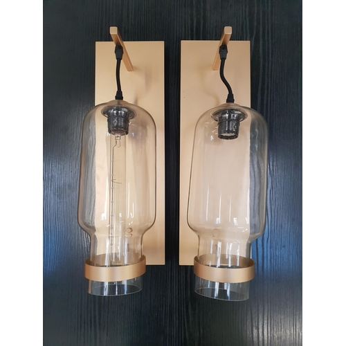 360 - PAIR OF BRASS HALL LIGHTS
with rectangular brass wall plate and arm, the shaped cylindrical glass sh... 