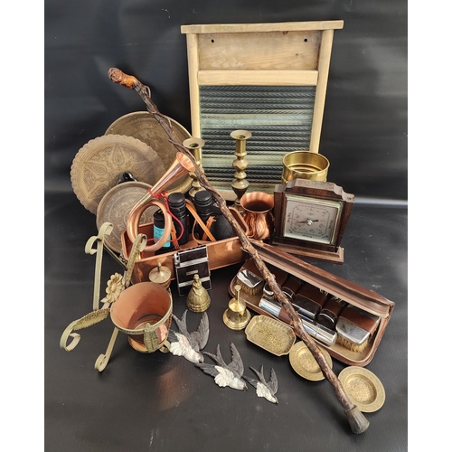 MIXED LOT OF COLLECTABLES
including a pine and glass washboard, pair of Horizon 7x50 field glasses, pair of brass ejector candle sticks, selection of brass and copper ware, aneroid barometer, Ronson combination cigarette case and lighter, boxed, a carved 'Burns' walking stick and other items