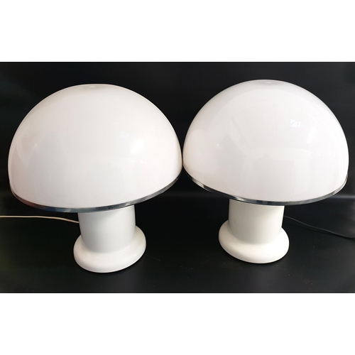 PAIR OF MUSHROOM LAMPS
with an opaque plexiglass shade and white body, circa 1970s by Groupe Habitat France, 43cm high (2)