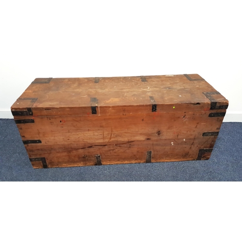 302 - VINTAGE PINE TRAVEL TRUNK
with metal banding and side carry handles, with a vintage 'Anchor Line' la... 