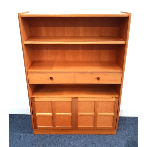 NATHAN TEAK SIDE CABINET
with a rectangular top above two shelves and a long drawer with a shelf below, and a pair of panelled cupboard doors, standing on a plinth base, 122cm x 87cm x 26.5cm