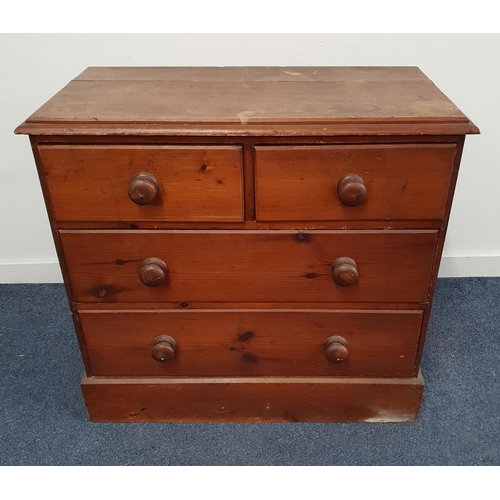 VICTORIAN PINE CHEST OD DRAWERS
with a moulded top above two short and two long drawers, standing on a plinth base, 83cm x 88.5cm x 43.5cm