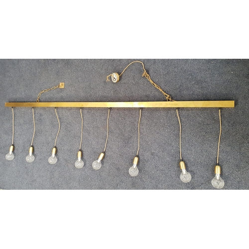 356 - BRASS STRIP CEILING LIGHT
with chain suspension mounts and eight braided cord pendants with LED bulb... 