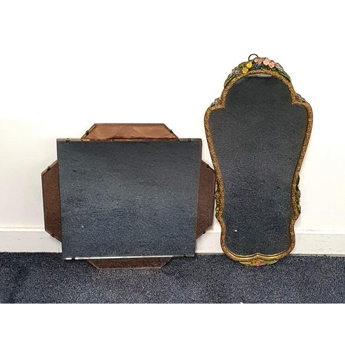 ART DECO TWO TONE MIRROR
with a square plain central plate encased by four bevelled copper tone shaped mirror sections, 50.5cm x 50.5cm, together with a 1930s shaped mirror with a floral decorated frame, 73cm high (2)