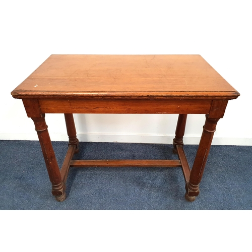 300 - VICTORIAN OAK HALL TABLE
with a rectangular moulded top, standing on turned supports united by a str... 