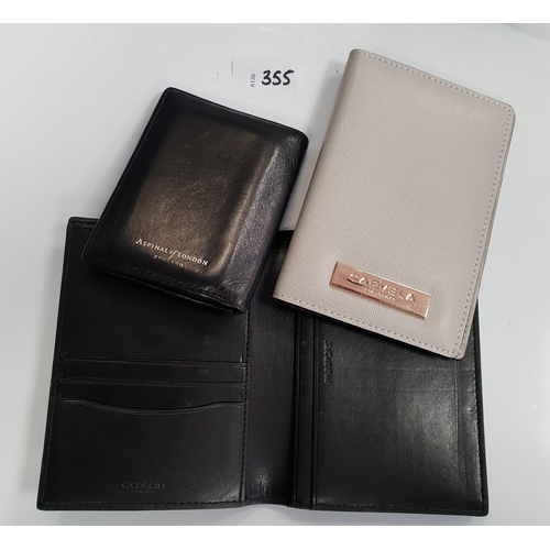 TWO DESIGNER LEATHER WALLETS
one by Aspinal of London and the other by Carvella; together with a Coach passport cover