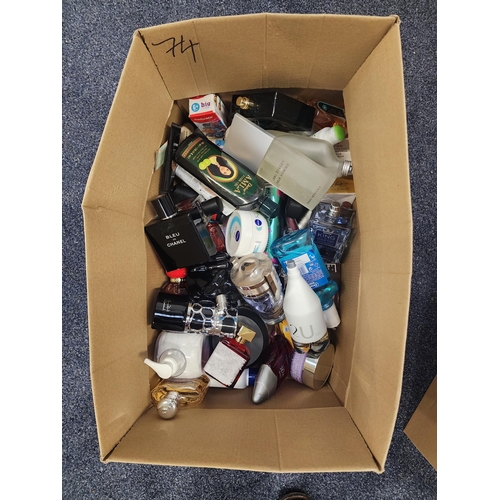 74 - ONE BOX OF COSMETIC AND TOILETRY ITEMS
including Versace, Calvin Klein, Maybelline, Paco Rabanne, Is... 