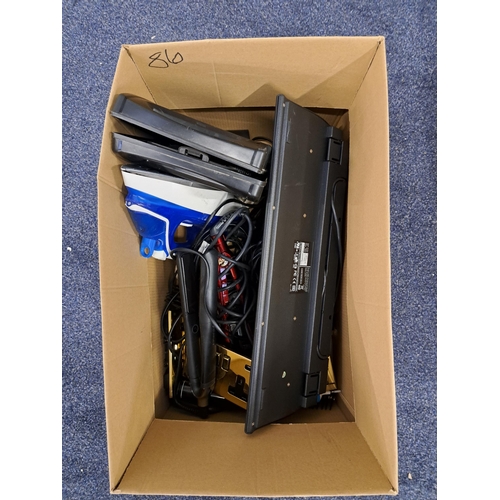ONE BOX OF ELECTRICAL ITEMS
including keyboards, an iron, a travel hairdryer, hair trimmers, straighteners (including one pair of GHD), double brass coloured plug sockets, toothbrushes, etc.