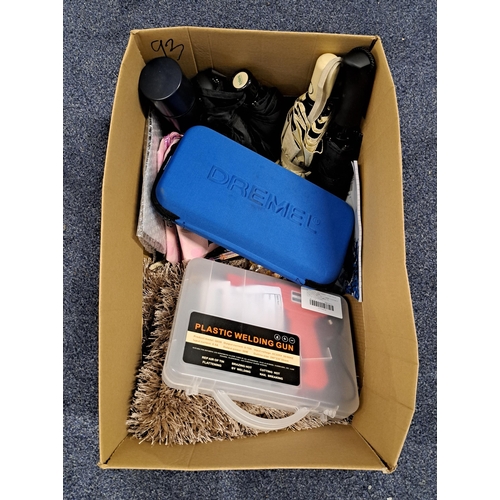 ONE BOX OF MISCELLANEOUS ITEMS
including water bottles, umbrellas, bathroom mat set, paperweights, stationery, a plastic welding gun and a Dremel multi tool