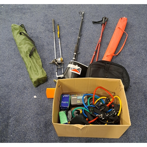 97 - ONE BOX OF SPORTS AND LEISURE ITEMS
including hiking poles, a fishing rod and reel, parasol, a campi... 