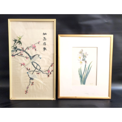 A. ALLAN
White Narcissus, watercolour, signed, 26.5cm x 17cm, together with a Chinese embroided panel with two parakeets on a cherry blossom branch, 52.5cm x 29cm (2)