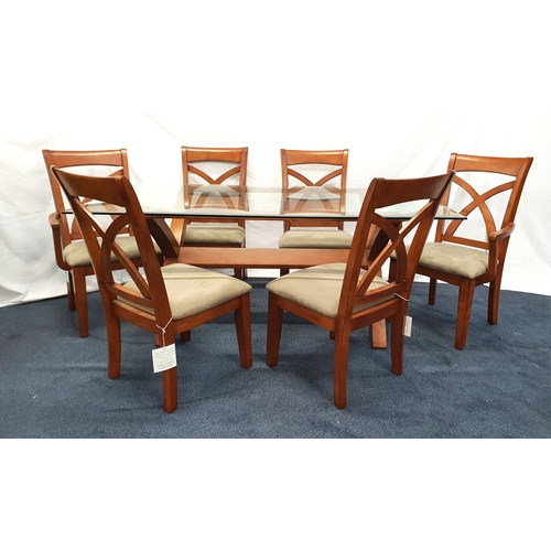 MODERN DINING TABLE AND CHAIRS
the table with a rectangular glass top on a shaped teak X frame base, 77cm x 182.5cm, together with four single and two carver teak dining chairs with stuffover seats and tapering front supports