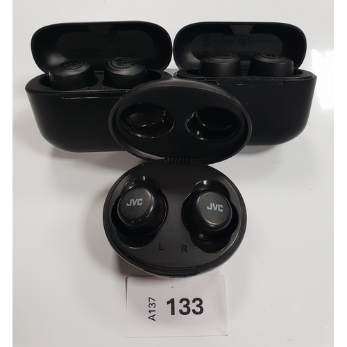 THREE PAIRS OF EARBUDS IN CHARGING CASES
comprising 2x Jlab and 1x JVC