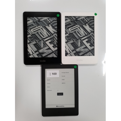 THREE AMAZON KINDLE E-READERS
comprising a Basic 3 White, serial number G090 WF06 1362 05JS; a Basic 2, serial number G000 K905 7256 0CM4; and a Voyage 3G, serial number B053 0907 5063 02LL (3)
Note: It is the buyer's responsibility to make all necessary checks prior to bidding to establish if the device is blacklisted/ blocked/ reported lost. Any checks made by Mulberry Bank Auctions will be detailed in the description. Please Note - No refunds will be given if a unit is sold and is subsequently discovered to be blacklisted or blocked etc.