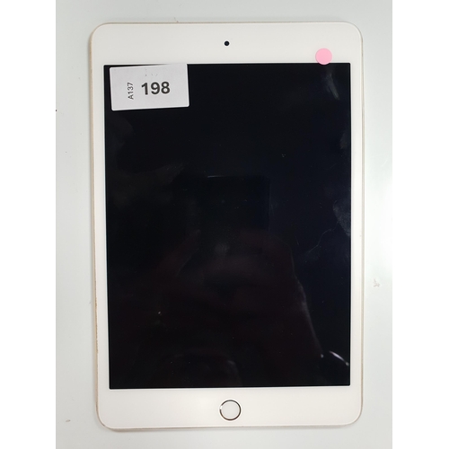 APPLE IPAD MINI 4 - A1538 - WIFI  
serial number FNVVC07BGHKL. Apple account locked. 
Note: It is the buyer's responsibility to make all necessary checks prior to bidding to establish if the device is blacklisted/ blocked/ reported lost. Any checks made by Mulberry Bank Auctions will be detailed in the description. Please Note - No refunds will be given if a unit is sold and is subsequently discovered to be blacklisted or blocked etc.
