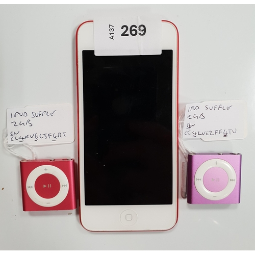 269 - THREE APPLE IPODS
comprising an Ipod Touch A2178 30GB, serial number F0TZG5GDM93F; two Ipod Shuffles... 