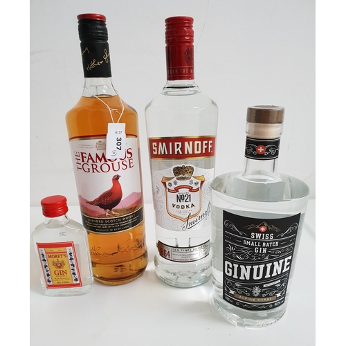 307 - SELECTION OF SPIRITS
comprising a bottle of The Famous Grouse (40% and 1L); Ginuine Swiss small batc... 