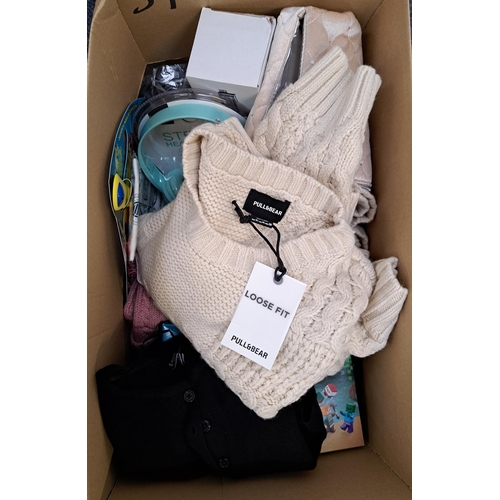 ONE BOX OF NEW ITEMS
including kid's toys, slippers, make-up bags, vacuum flask, headphones, a ladies Pull & Bear jumper (size M), etc.
