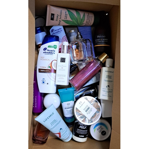 45 - ONE BOX OF COSMETIC AND TOILETRY ITEMS
including Body Shop, Liz Earle, Rituals and Emporio Armani