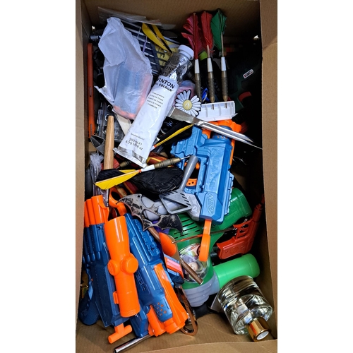 ONE BOX OF MISCELLANEOUS ITEMS
including tools, toy guns, darts, etc.