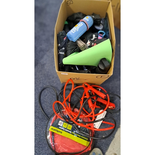 50 - ONE BOX OF MISCELLANEOUS ITEMS
including jump leads, water bottles, umbrellas and souvenirs