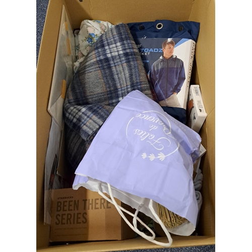 ONE BOX OF NEW ITEMS
including a Miss Selfridge dress (size 8), waterproof jacket, two James Pringle scarves, Starbucks mugs, etc.
