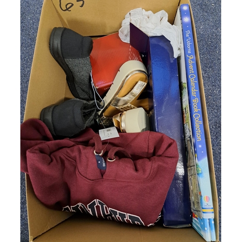 63 - ONE BOX OF NEW ITEMS
including a snow globe, a poster of Edinburgh, pair of Dune sandals (size 5), a... 