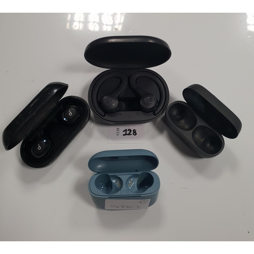 PAIR OF JLAB AND A PAIR OF SOUNDORE EARBUDS
in charging cases, togther with a Jlab and a Jabra charging case (4)