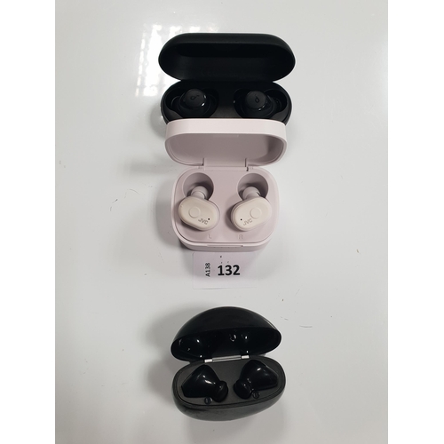 132 - THREE PAIRS OF EARBUDS IN CHARGING CASES
comprising JVC, Soundcore and Mixx