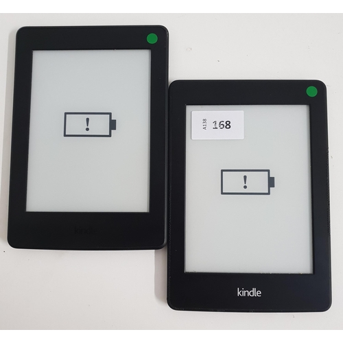 168 - TWO AMAZON KINDLE E-READERS
comprising a Paperwhite 3, serial number G090 G105 5276 0AJB; and a Pape... 