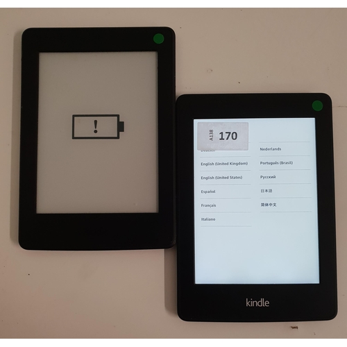 170 - TWO AMAZON KINDLE E-READERS
comprising a Paperwhite 3, serial number G090 G105 5286  C91; and a Pape... 