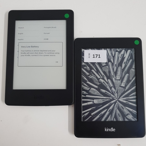 171 - TWO AMAZON KINDLE E-READERS
comprising a Paperwhite 3, serial number G090 G105 7372 03VR; and a Pape... 