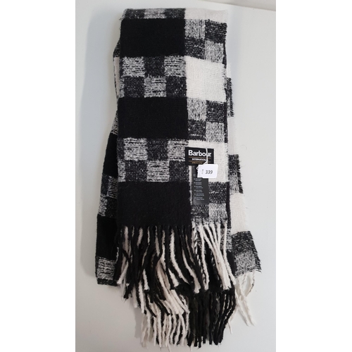 BARBOUR BLACK AND WHITE CHECK SCARF/WRAP
100% polyester, approximately 66cm x 190cm (excluding fringe)