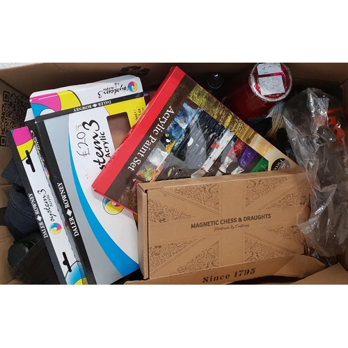 ONE BOX OF MISCELLANEOUS ITEMS
including water bottles, acrylic paint sets, magnetic chess and draughts, novelty Christmas decorations, toy binoculars, and ornaments, etc.
