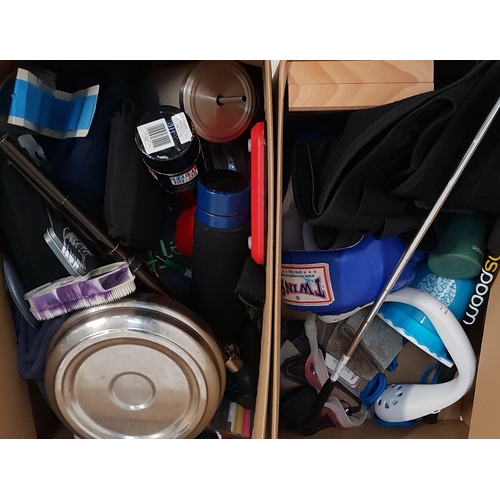 TWO BOXES OF MISCELLANEOUS ITEMS
including a boxing protective helmet, Slazenger 8 iron golf club, a wooden chess set, water bottles, a neck fan, a collapsible walking stick, metal plates, etc.