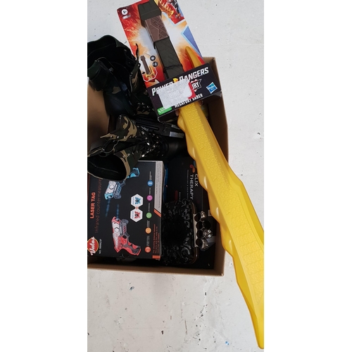 ONE BOX OF MISCELLANEOUS ITEMS
including a skull decorated clutch bag, a pair of Camouflage and bullet detail high heeled boots, Laser Tag, Clix Therapy hot and cold packs, etc.