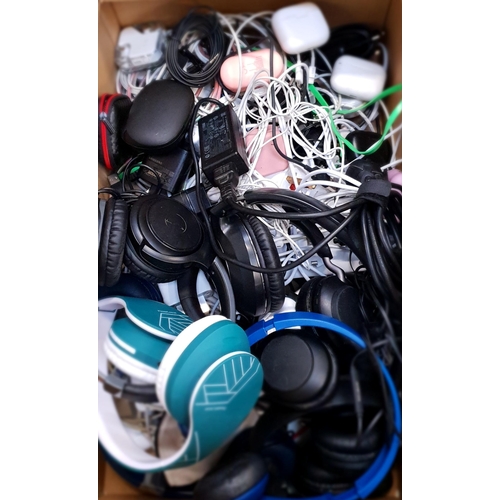 22 - ONE BOX OF CABLES, CHARGERS, ADAPTERS AND HEADPHONES
including in ear and on ear headphones, JBL and... 
