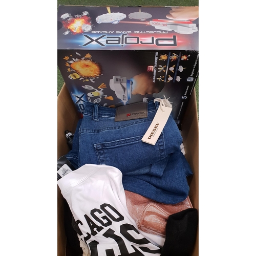 ONE BOX OF NEW ITEMS
including Projex Projecting Game Arcade, make-up bag, Diesel jeans (size 34), other clothing, soap, bottle openers, souvenirs, etc.